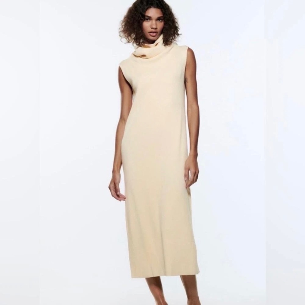 Zara Womens Cream Ribbed Knit Sleeveless Cowl Neck Maxi Dress Small